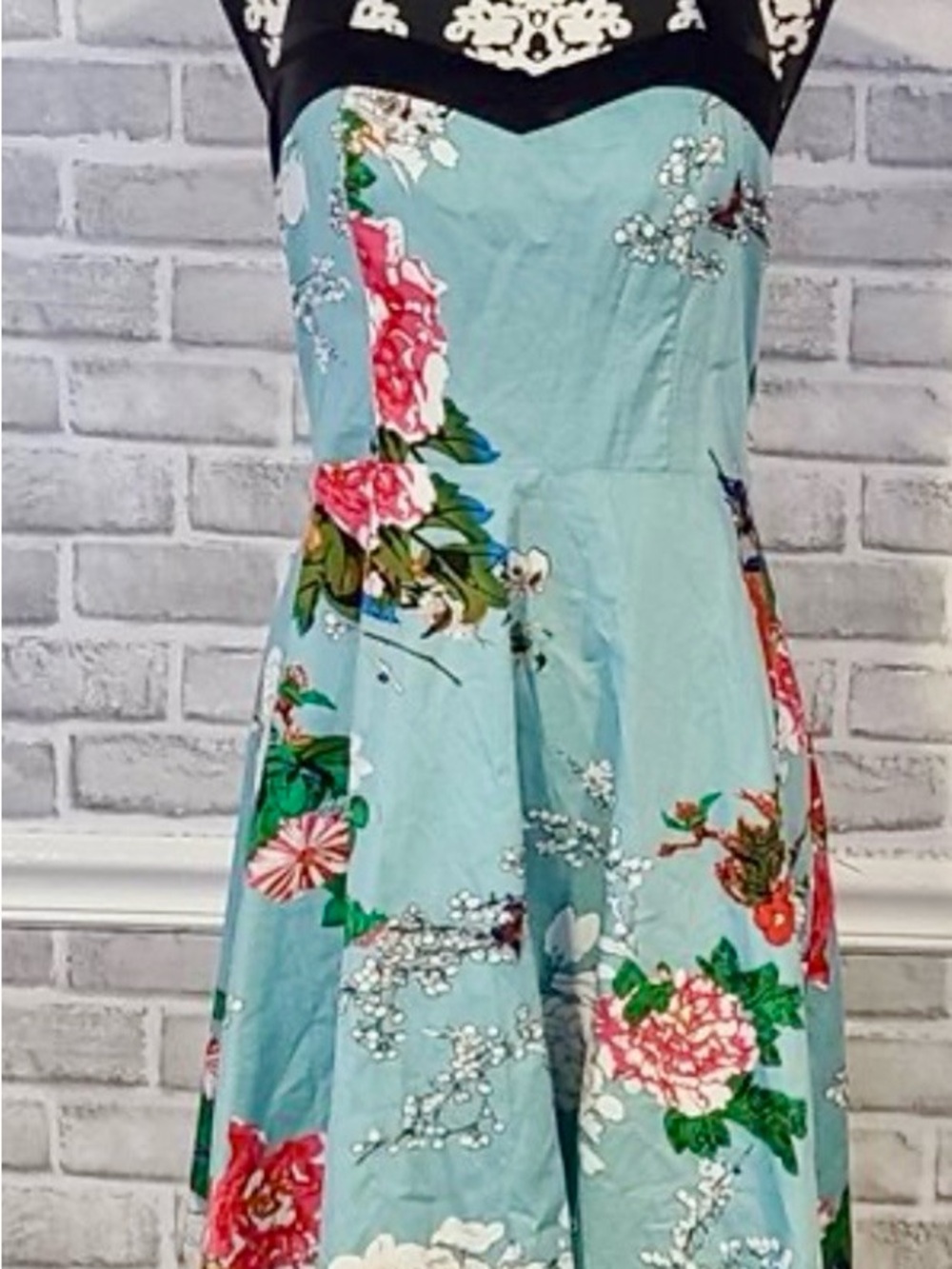 Vintage-Inspired Light Teal Floral Halter Rockabilly Dress Size Small Cosplay